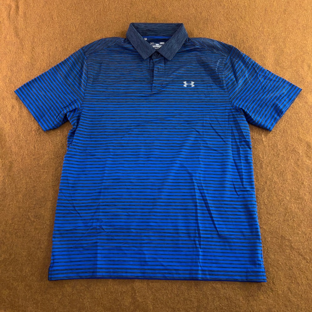 Under Armour Mens Large Blue Striped HeatGear Loose Fit Polo Shirt